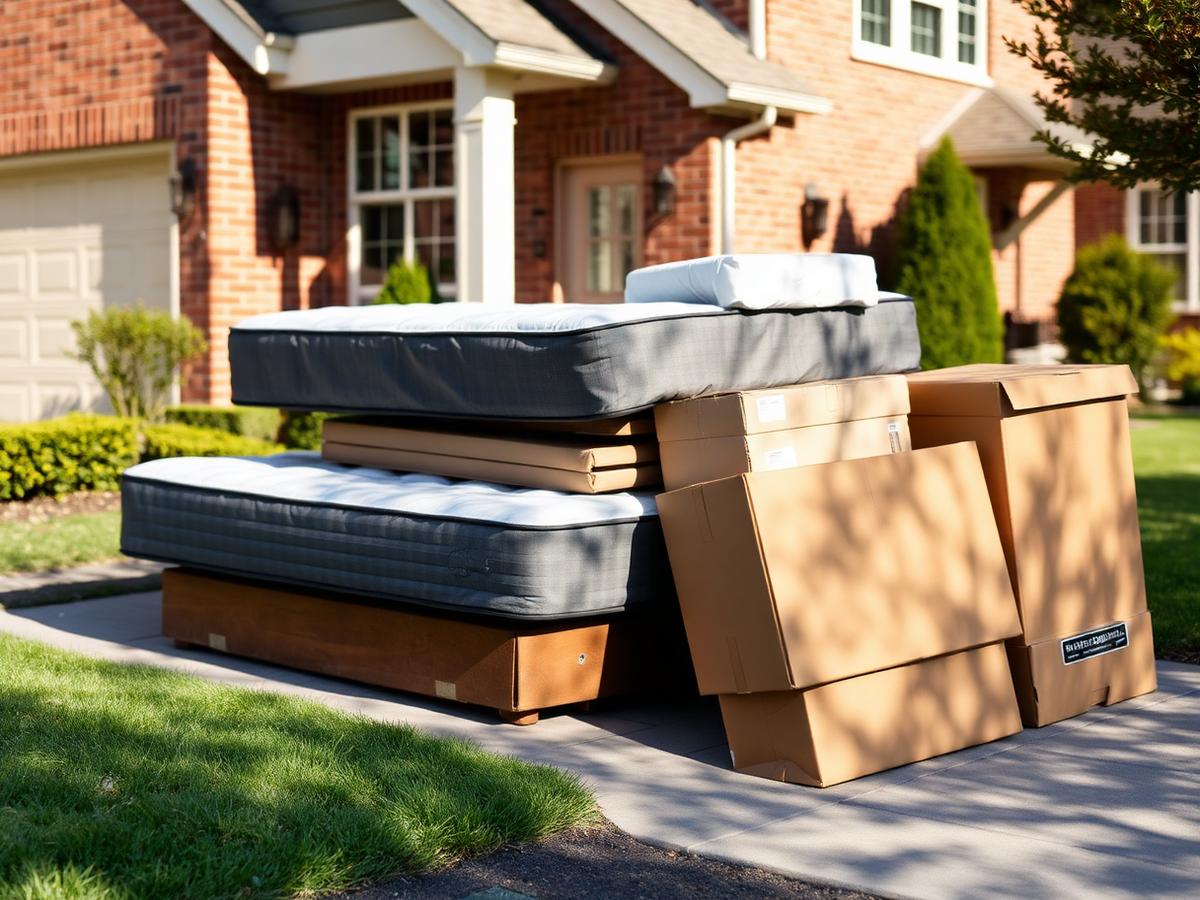 Old mattresses, furniture and boxes piled on a driveway ready for junk removal